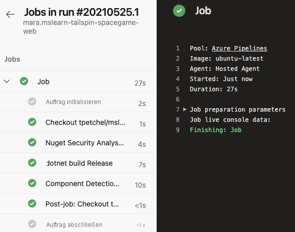 Screenshot von Azure Pipelines mit einer Ausgabe aus der anfänglichen Buildkonfiguration.