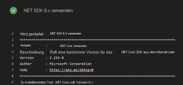 Screenshot von Azure-Pipelines mit dem in der Pipeline ausgeführten .NET SDK-Task.