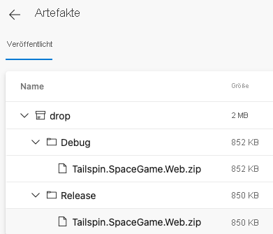 Screenshot von Azure Pipelines mit gepackter Anwendung für die Konfigurationen „Debug“ und „Release“.