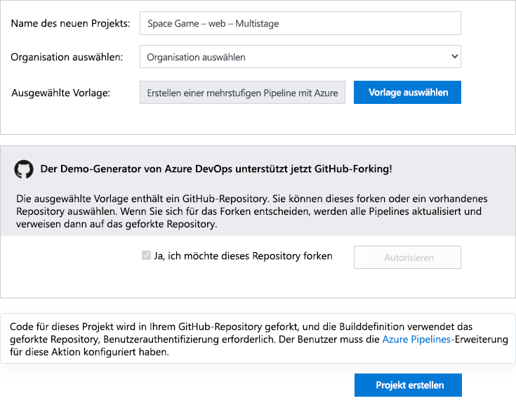 A screenshot of the Azure DevOps Demo Generator showing the process for creating the project.