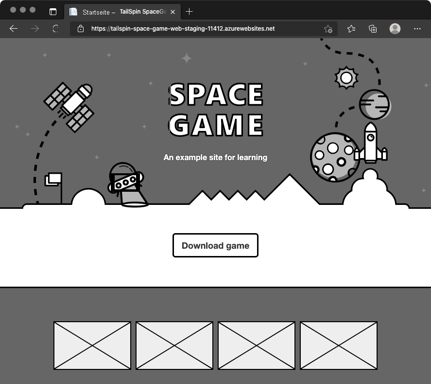 A screenshot of web browser showing the Space Game website in the Staging environment.