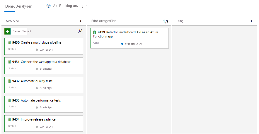 Screenshot: Azure Boards mit hervorgehobener Arbeitselementkarte in der Spalte „Wird ausgeführt“