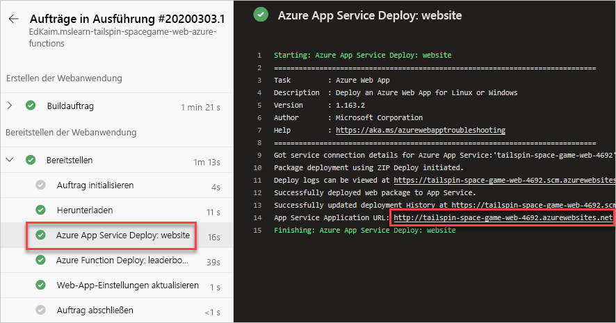 Screenshot von Azure Pipelines mit der Position der Website-URL