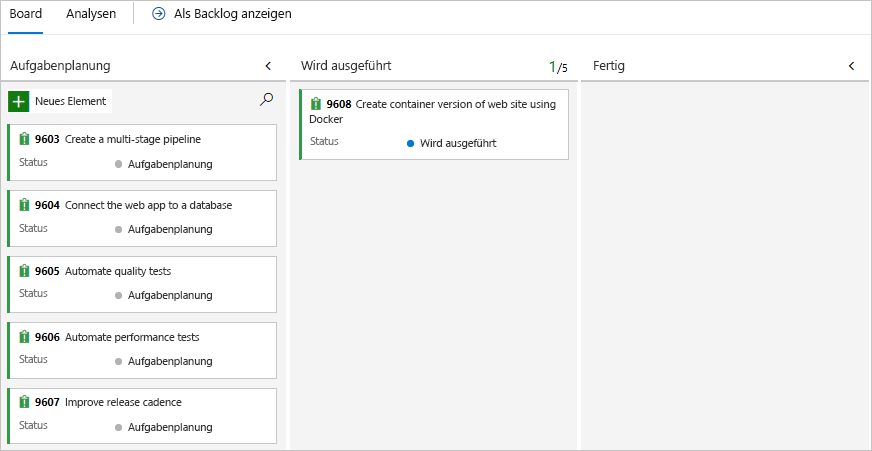 Screenshot of Azure Boards showing the card in the Doing column.