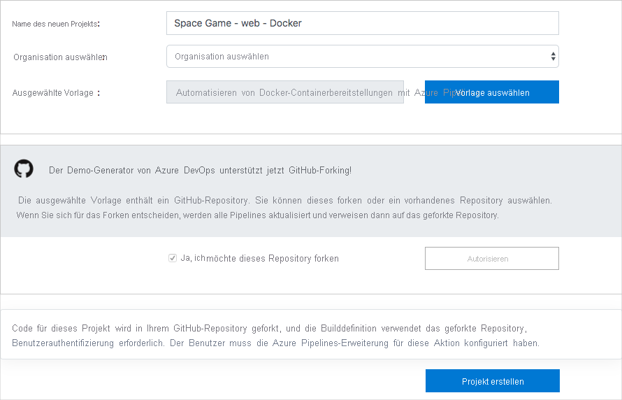 Screenshot of creating a project through Azure DevOps Demo Generator.