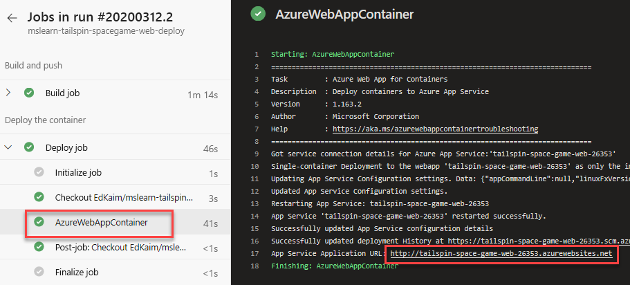 Screenshot of Azure Pipelines showing the location of the website URL.