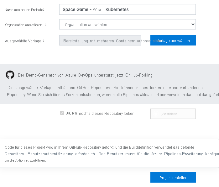 Screenshot of the Azure DevOps Demo Generator showing the process to create the project.