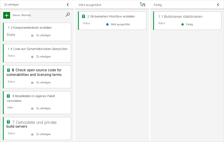 Screenshot von Azure Boards mit dem Arbeitselement in der Spalte „Doing“ (In Bearbeitung)