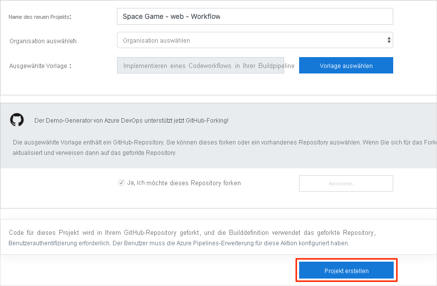 Screenshot: Azure DevOps-Demo-Generator, der anzeigt, wie ein neues Projekt erstellt wird