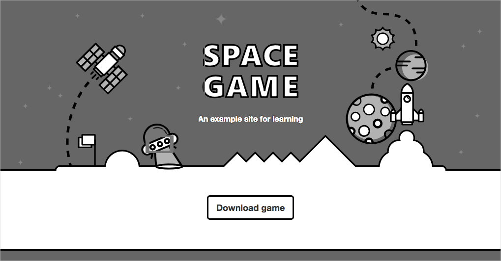 Screenshot der Space Game-Website, die in einem Webbrowser ausgeführt wird.