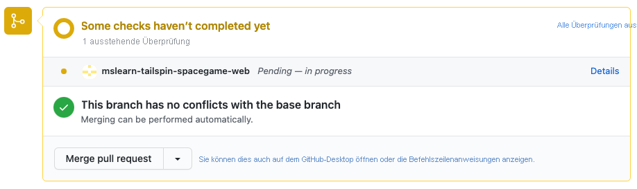 Screenshot von GitHub, der laufende Buildüberprüfungen in Azure Pipelines zeigt.