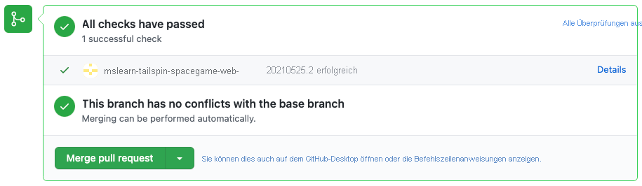 Screenshot von GitHub, der erfolgreiche Buildüberprüfungen in Azure Pipelines zeigt.