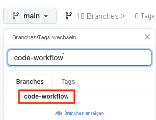 Screenshot von GitHub, der zeigt, wie der Branch aus dem Dropdownmenü ausgewählt wird.