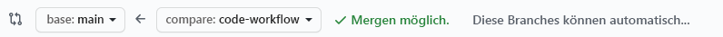Screenshot von GitHub mit der Bestätigung, dass der Branch zusammengeführt werden kann.