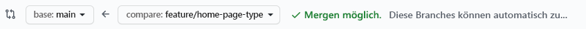 Screenshot von GitHub mit der Bestätigung, dass die Verzweigung zusammengeführt werden kann.