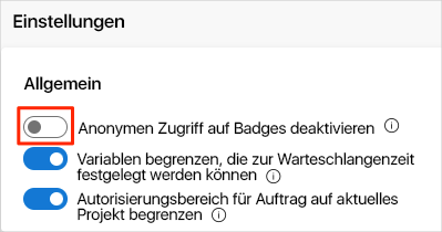 Screenshot von Azure DevOps, der zeigt, wie der anonyme Zugriff auf Badges deaktiviert wird.