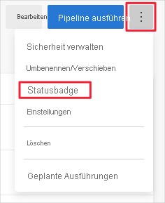 Screenshot von Azure Pipelines mit dem Menü „Optionen“ zum Festlegen des Buildbadges.