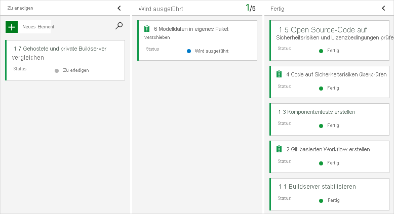 Screenshot: Azure Boards mit der Karte in der Spalte „Wird ausgeführt“