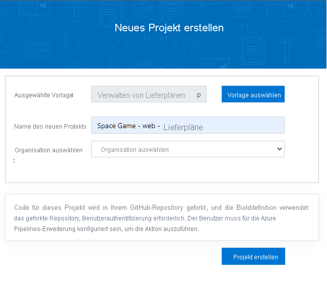 Screenshot: Erstellen eines Projekts mit dem Azure DevOps-Demo-Generator