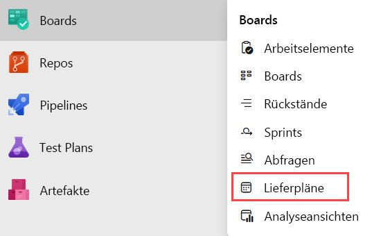 Screenshot der Option „Lieferpläne“ im Dropdownmenü.