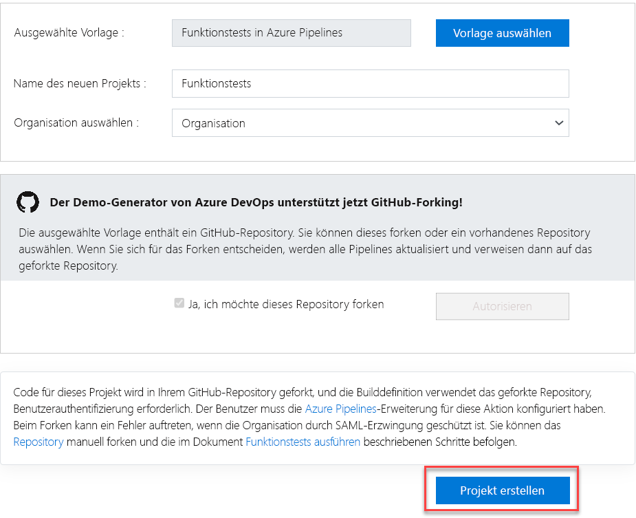 Screenshot of Creating a project through the Azure DevOps Demo Generator.