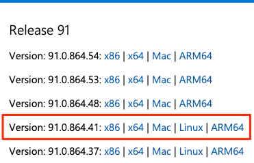 Screenshot des Abschnitts „Downloads“ der Seite mit den Microsoft Edge-Treibern und angezeigter entsprechender Treiberversion.