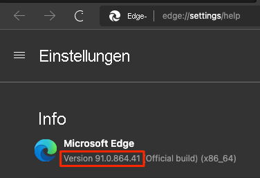 Screenshot der Seite mit den Microsoft Edge-Einstellungen mit Anzeige er Versionsnummer.