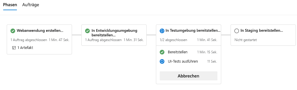 Screenshot von Azure Pipelines mit in Ausführung befindlichen Phasen.