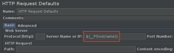 Screenshot for reading the hostname variable in Apache JMeter.