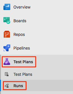 Screenshot des Azure DevOps-Navigationsmenüs mit Hervorhebung des Abschnitts „Test Plans“ und der Registerkarte „Runs“.