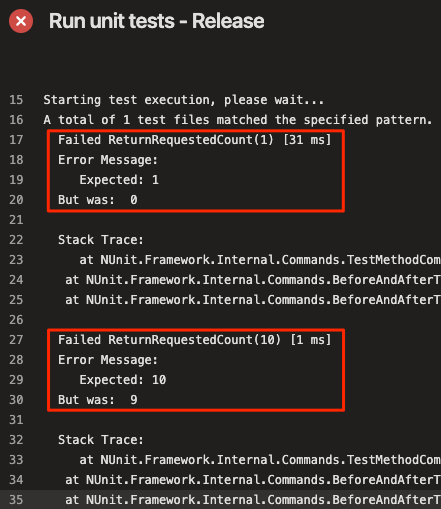 Screenshot des Azure Pipelines-Dashboards mit dem Ausgabeprotokoll eines Assertionsfehlers im Komponententest, bei dem 10 erwartet, aber 9 zurückgegeben wurde.