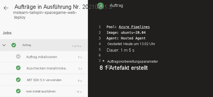 Screenshot of Azure Pipelines showing the running job.