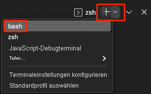 Screenshot der Auswahl der Bash-Shell in Visual Studio Code.