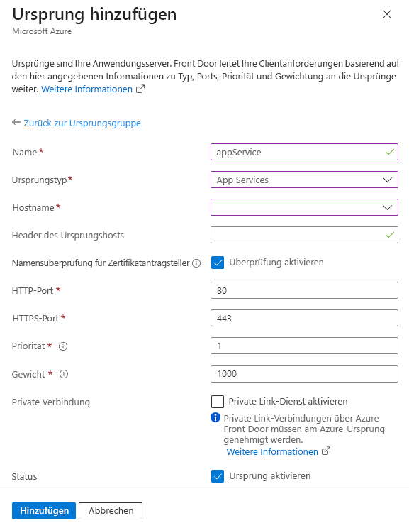 Screenshot of adding an App service origin setting in an origin group.