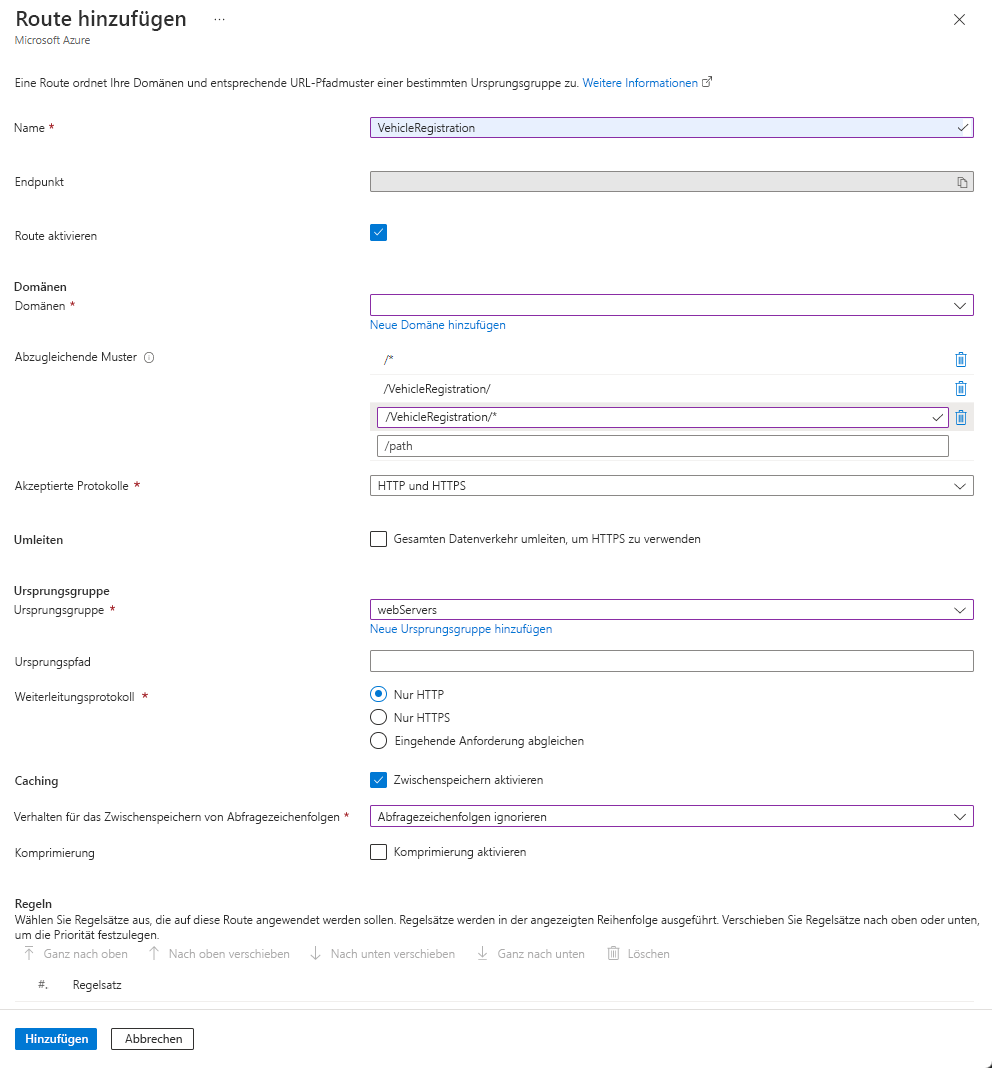 Screenshot of vehicle registration route settings.