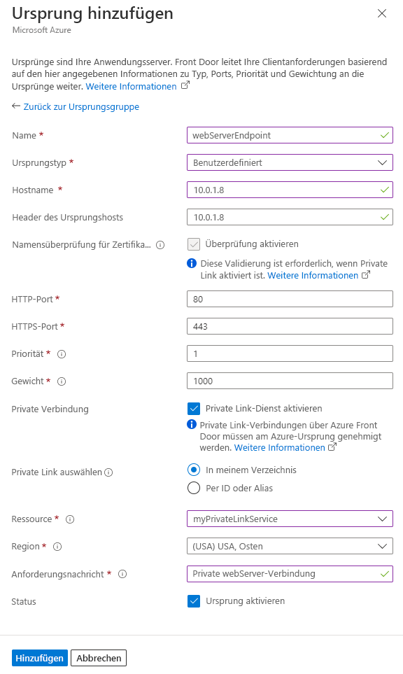 Screenshot of adding a web server origin setting in an origin group.