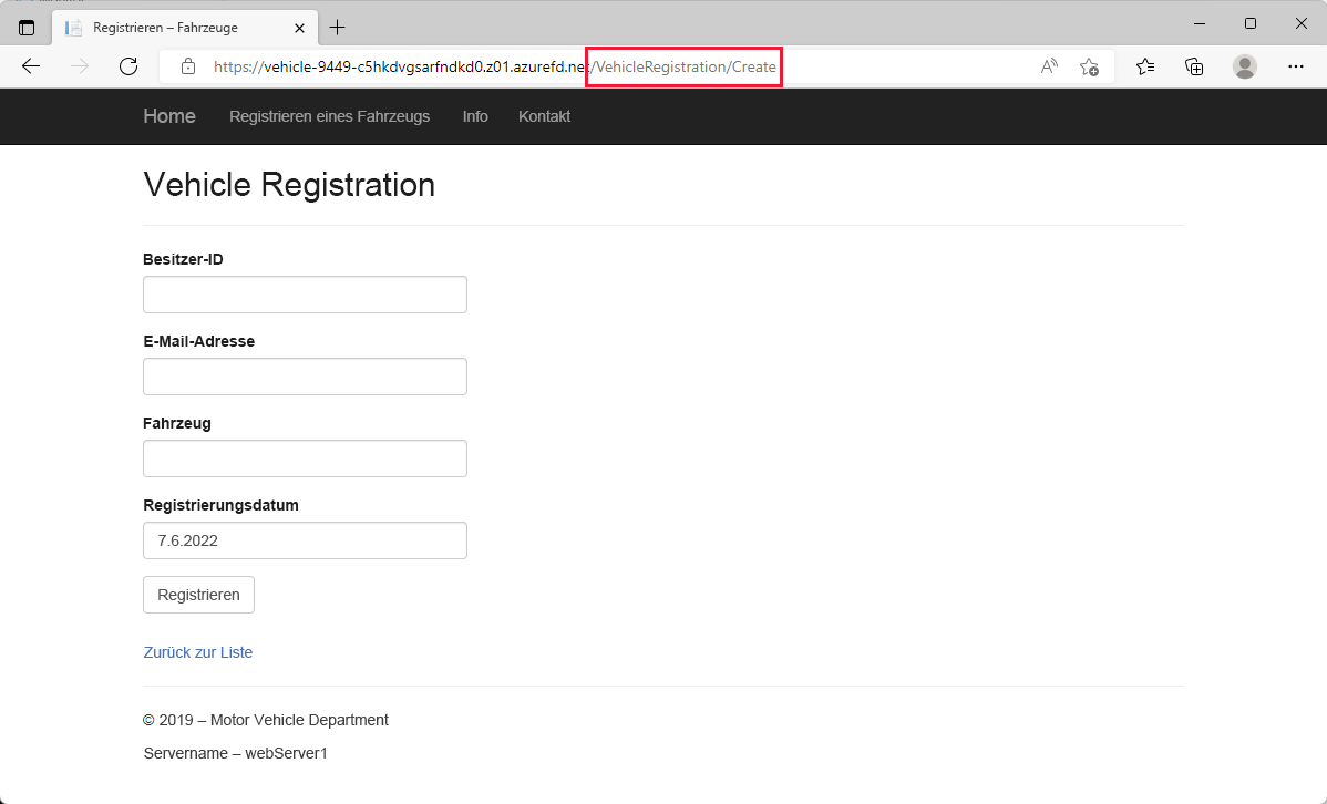 Screenshot of vehicle registration page.