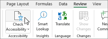 Screenshot der Schaltfläche „Accessibility Check“ im Menüband „Überprüfen“.