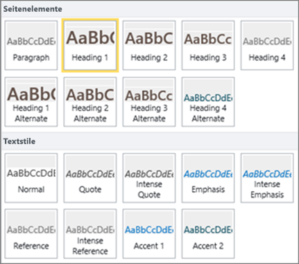 Screenshot von Seitenelementen und Textformatvorlagen, die in der Gruppe 