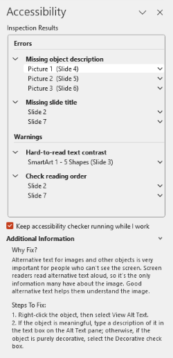 Screenshot des Accessibility Checker mit Problemen und Warnungen.