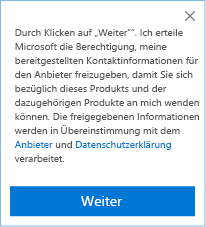 Screenshot der Zustimmung zur Weitergabe von Kundenkontaktinformationen an den Herausgeber für CRM.