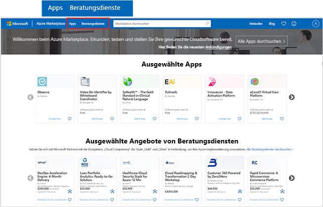 Screenshot: Azure Marketplace-Homepage mit hervorgehobenen Schaltflächen „Apps“ und „Beratungsdienste“