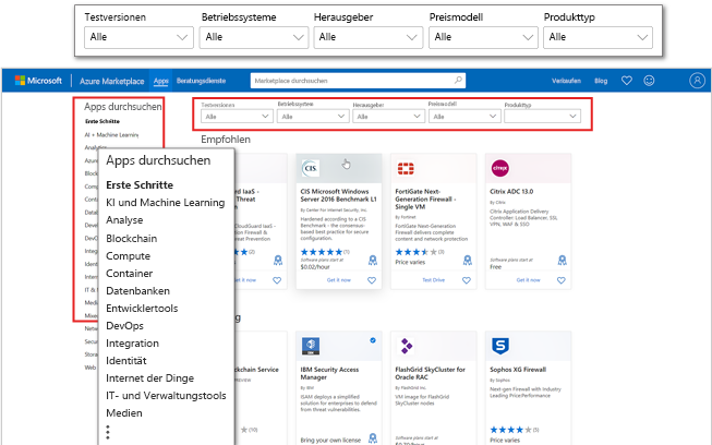 Screenshot der Landing Page der Azure Marketplace-Apps mit Schwerpunkt auf Anwendungskategorien und Filtern.