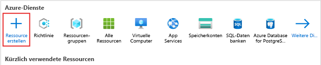 Screenshot: Startseite des Azure-Portals mit hervorgehobener Schaltfläche „Ressource erstellen“