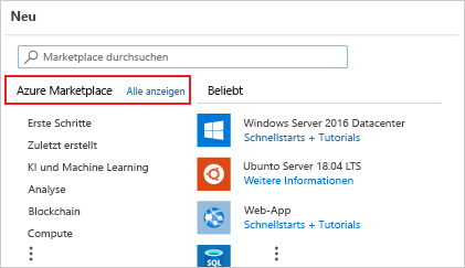 Screenshot: Seite „Neue Ressource“ im Azure-Portal mit Azure Marketplace