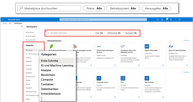 Screenshot von Azure Marketplace im Azure-Portal mit Schwerpunkt auf Anwendungskategorien und Filtern.