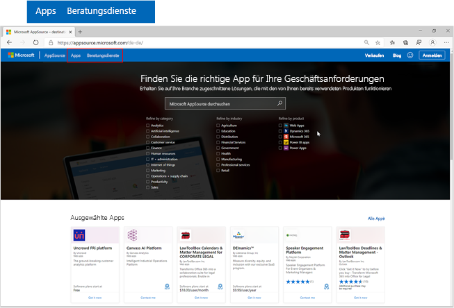 Screenshot: Microsoft AppSource-Homepage mit hervorgehobenen Schaltflächen „Apps“ und „Beratungsdienste“