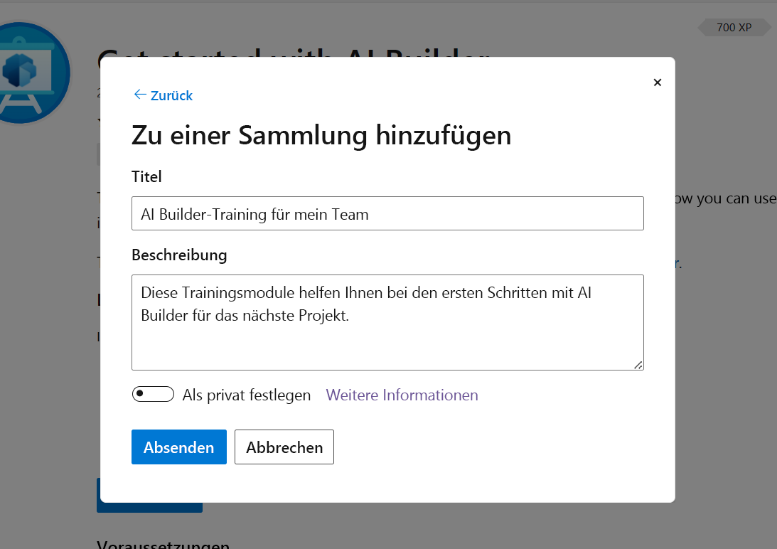 Screenshot eines Titel- und Beschreibungsfelds einer beispielhaften Microsoft Collection.