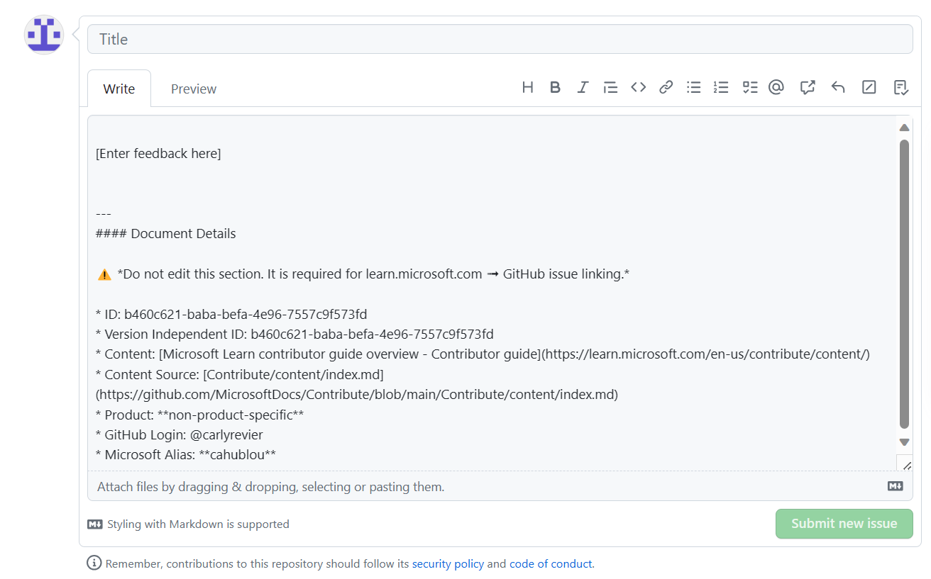 Screenshot eines leeren GitHub-Problemformulars zum Übermitteln von Feedback zu einem Dokumentationsartikel.