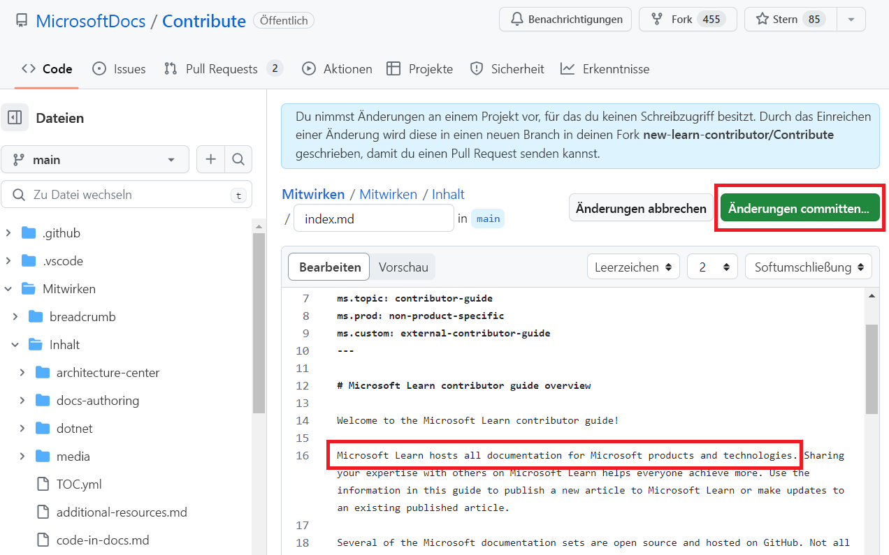 Screenshot der bearbeiteten Datei des Artikels zum Mitwirken mit einem neuen Satz, wobei die Schaltfläche „Änderungen committen“ hervorgehoben ist.